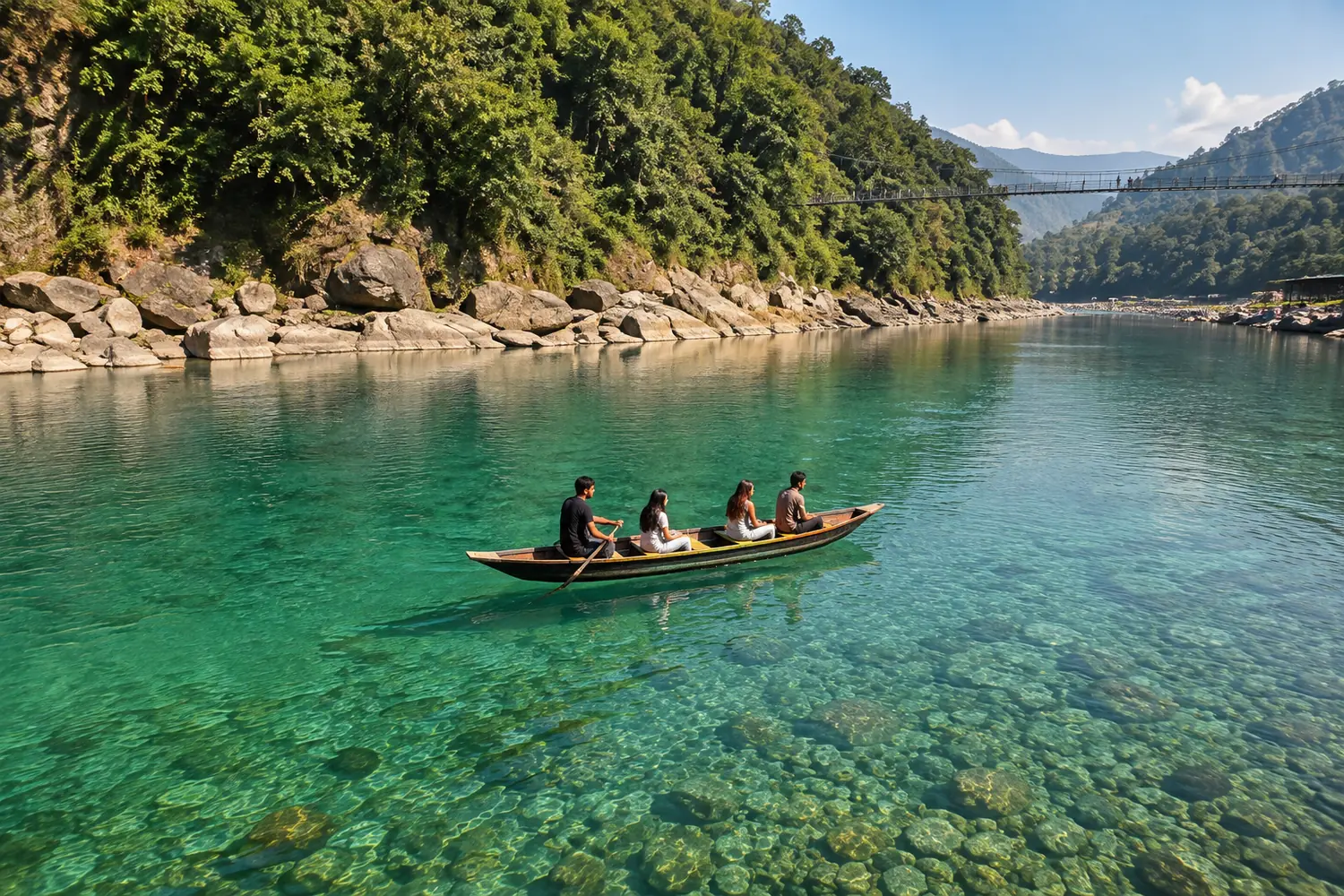 Boat floating on the crystal-clear Umngot river at Dawki